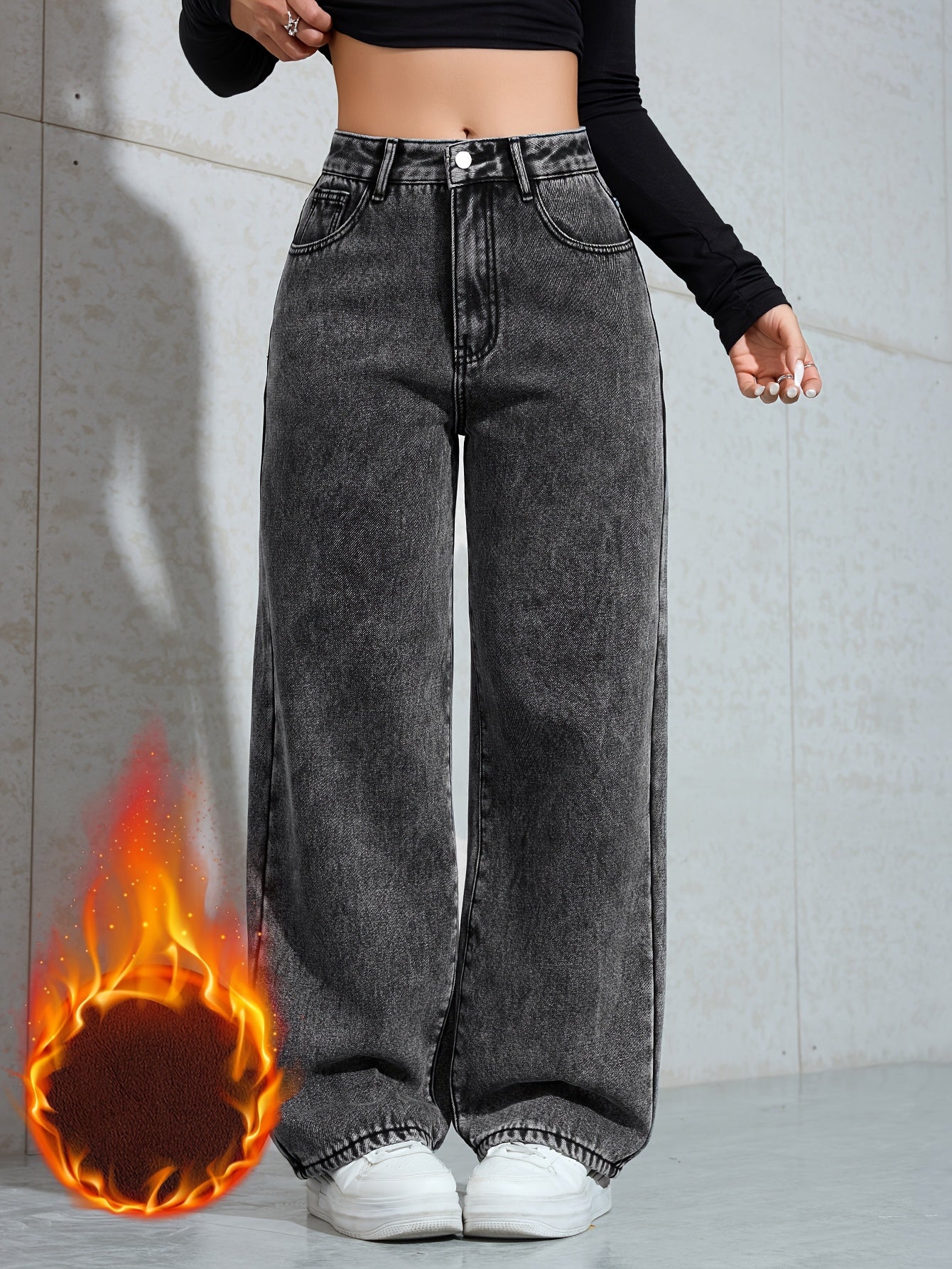 Women's Warm Fleece-Lined Wide-Leg Jeans