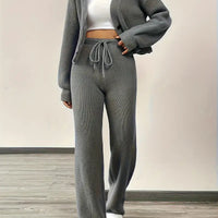 Knit V-Neck Cardigan & Wide Leg Pants Set - Casual Tracksuit