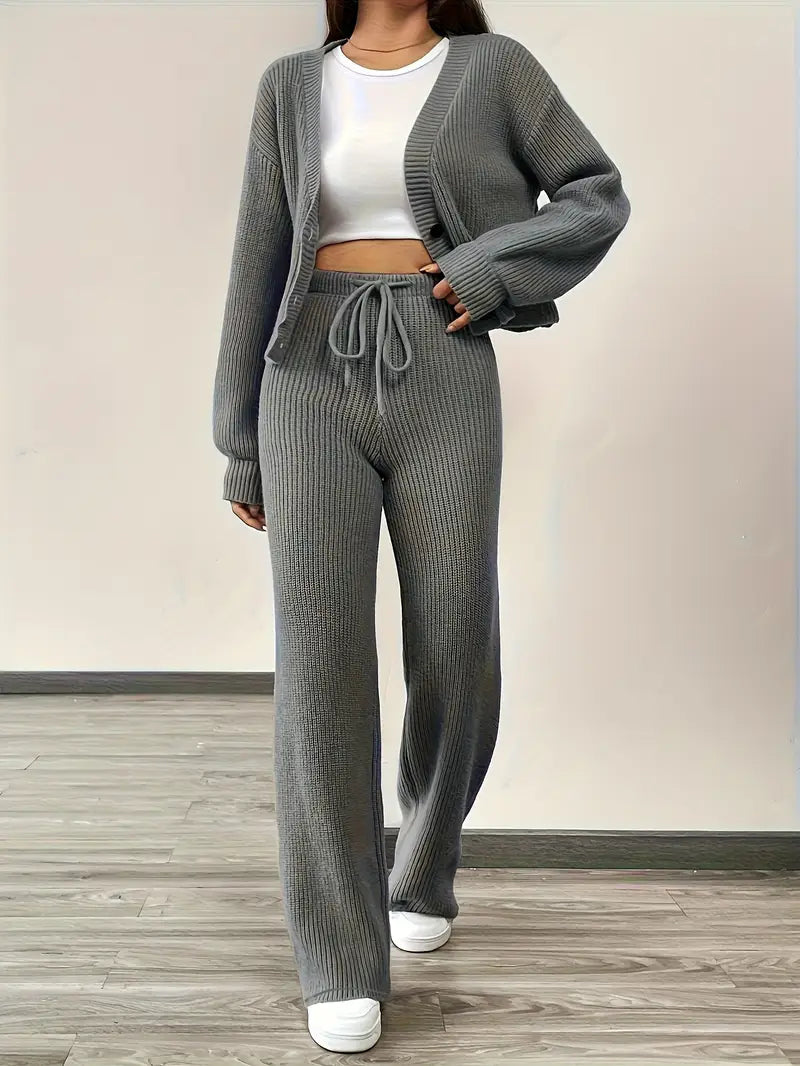 Knit V-Neck Cardigan & Wide Leg Pants Set - Casual Tracksuit