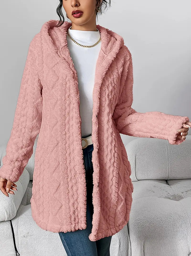 Warm Argyle Jacquard Plush Hooded Cardigan Coat