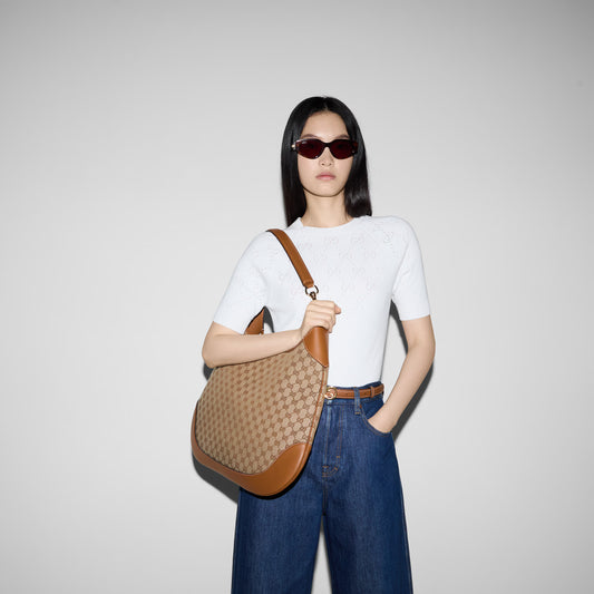 Large Shoulder Bag Beige & Dark Brown GG Canvas