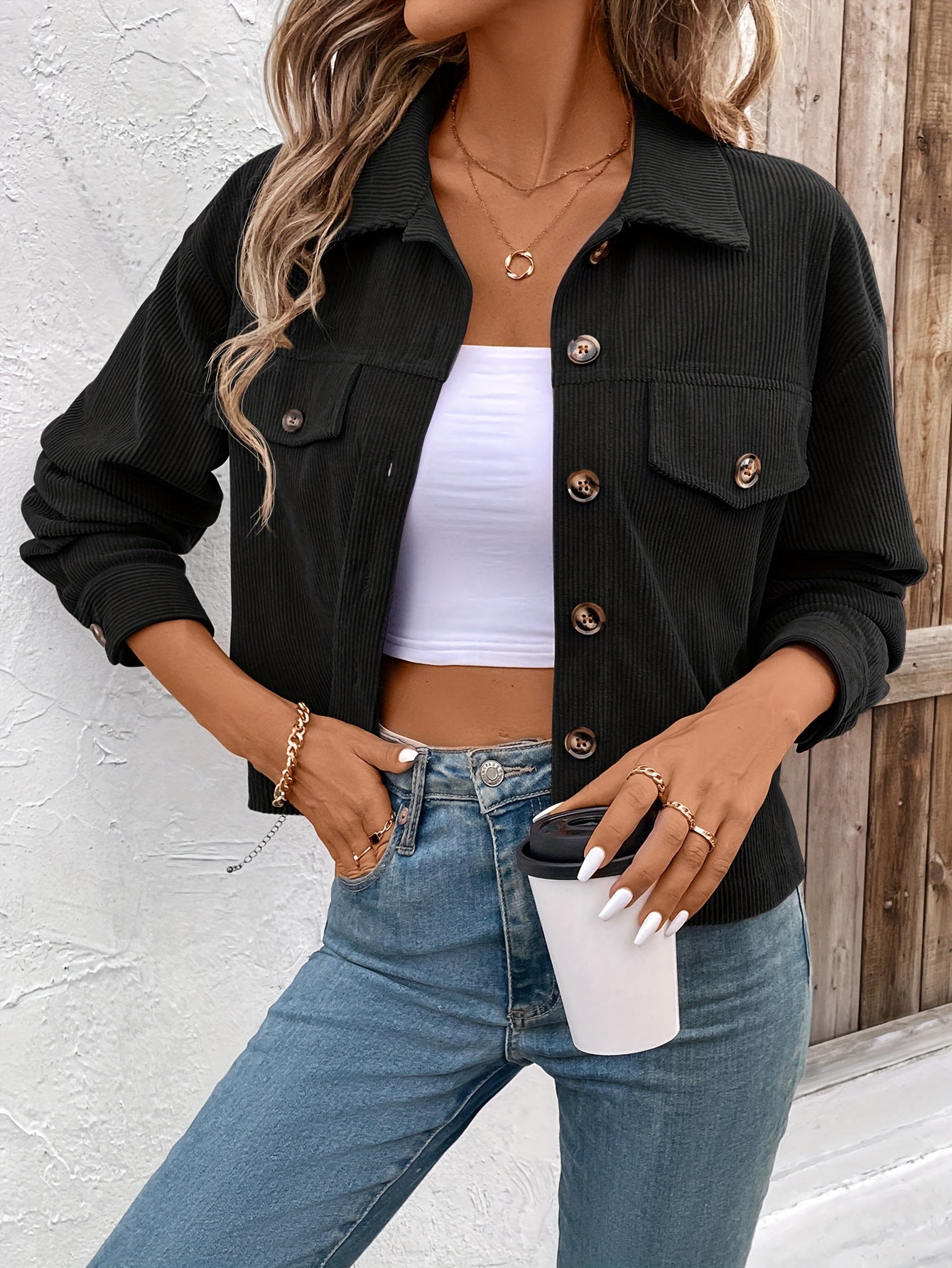 Chic Light Corduroy Button-Up Jacket with Ribbed Cuffs