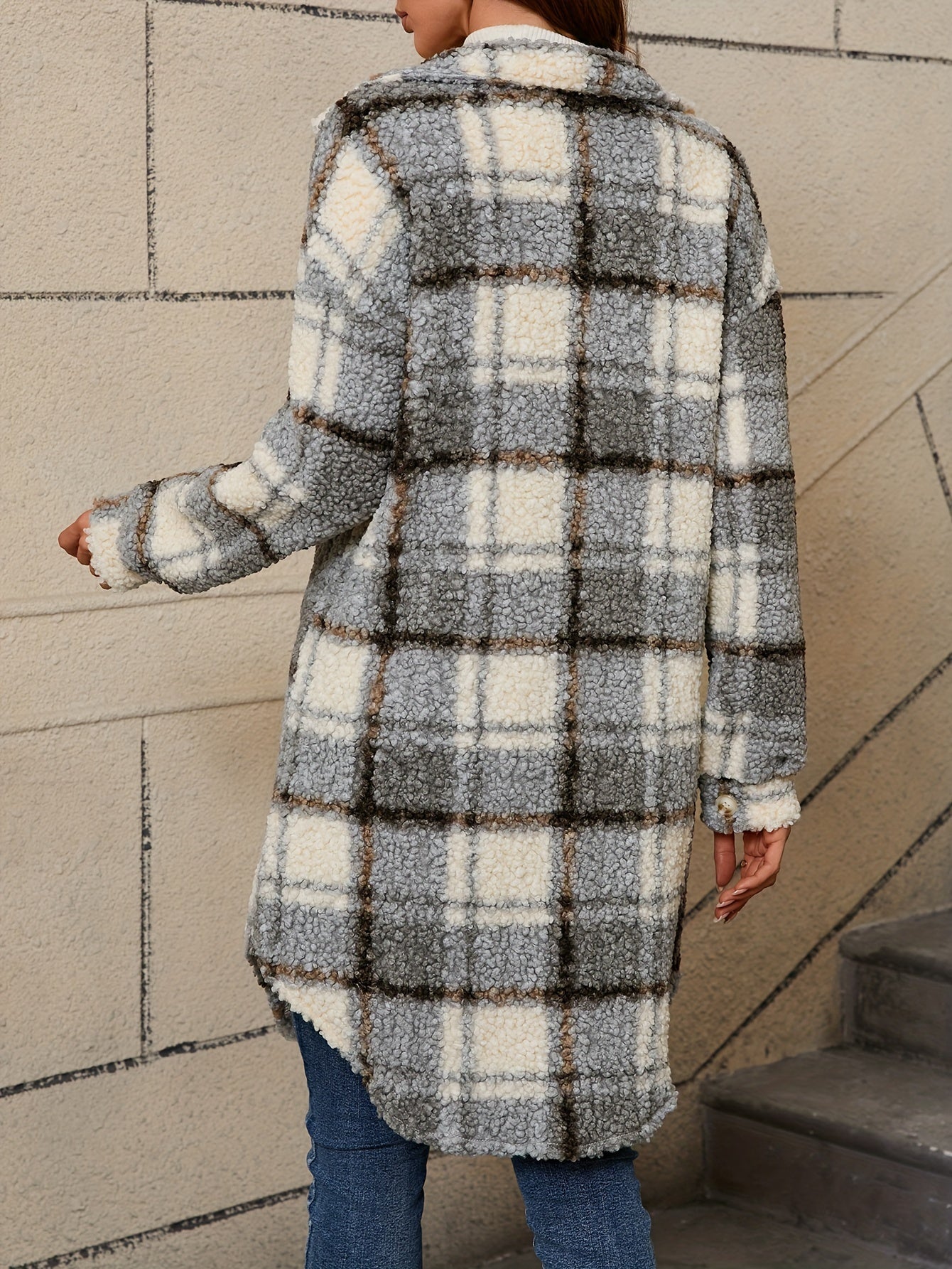 Fuzzy Plaid Button | Long Length Lapel Thermal Jacket