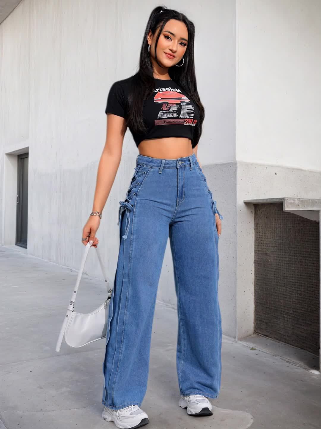 Wide-Leg Streetwear Pants with Lace-Up Tie - Oversized Rayon