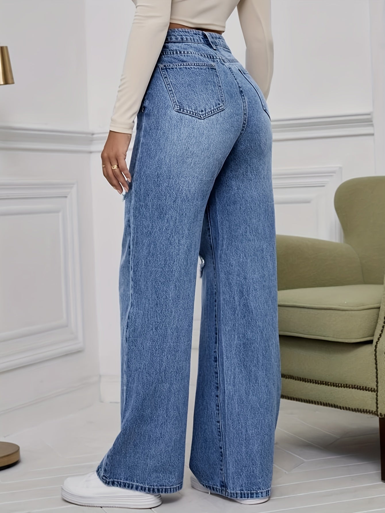 High-Waist Ripped Wide-Leg Bootcut Jeans