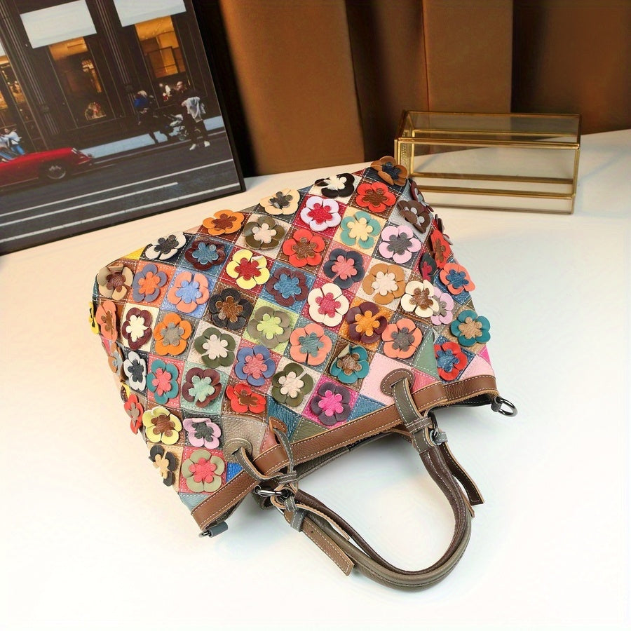Multicolor Floral Leather Tote Bag with Detachable Strap