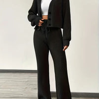Knit V-Neck Cardigan & Wide Leg Pants Set - Casual Tracksuit