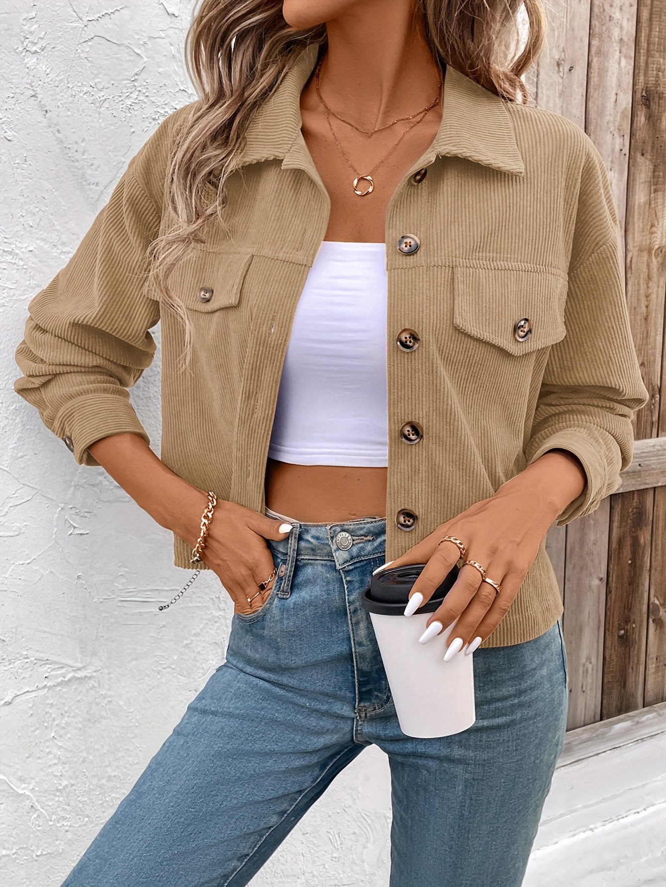 Chic Light Corduroy Button-Up Jacket with Ribbed Cuffs