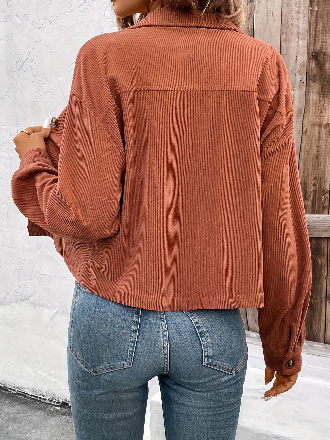 Chic Light Corduroy Button-Up Jacket with Ribbed Cuffs