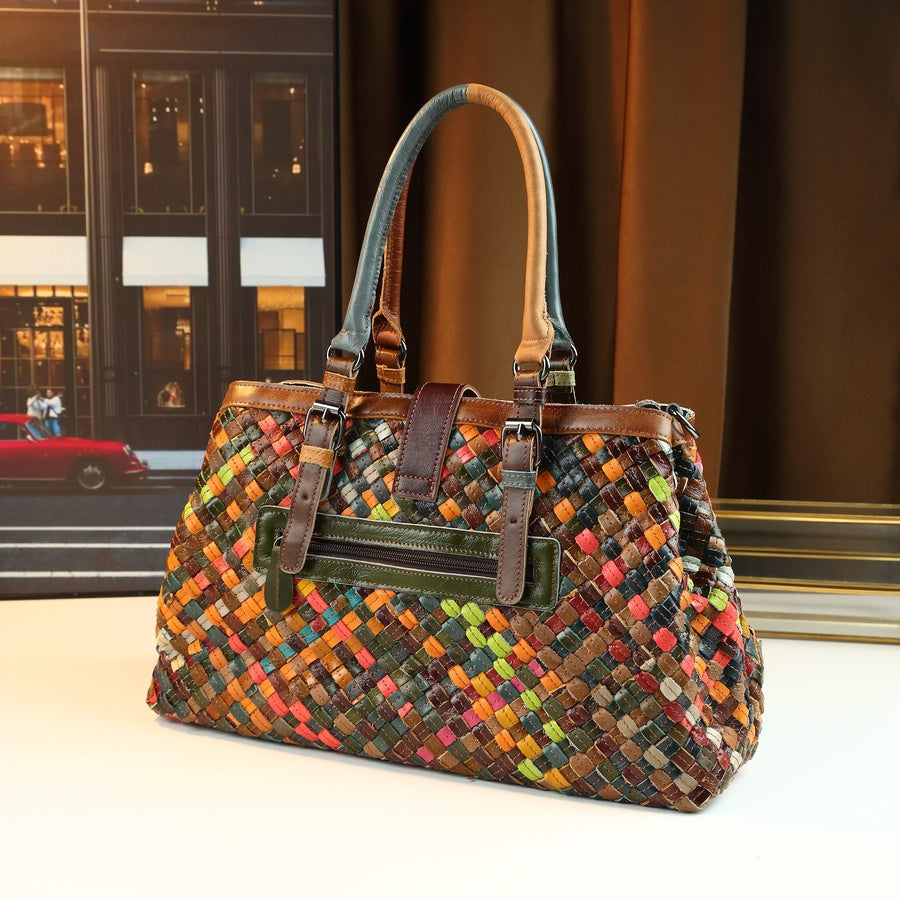 Leather Handbag - Versatile Plaid Tote