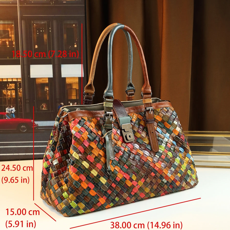 Leather Handbag - Versatile Plaid Tote