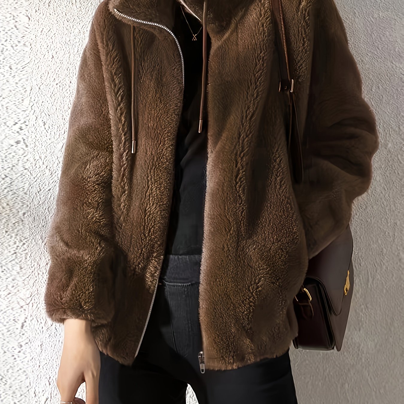 Solid Color Plush Zip-Up Knit Warm Casual Coat