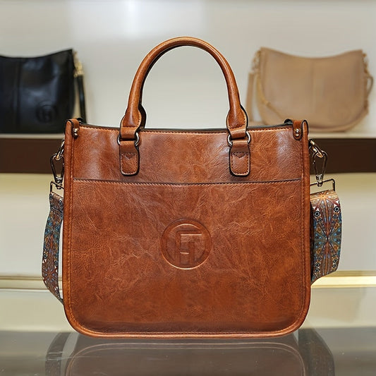 Retro Solid Color Handbag with Wide Boho Strap