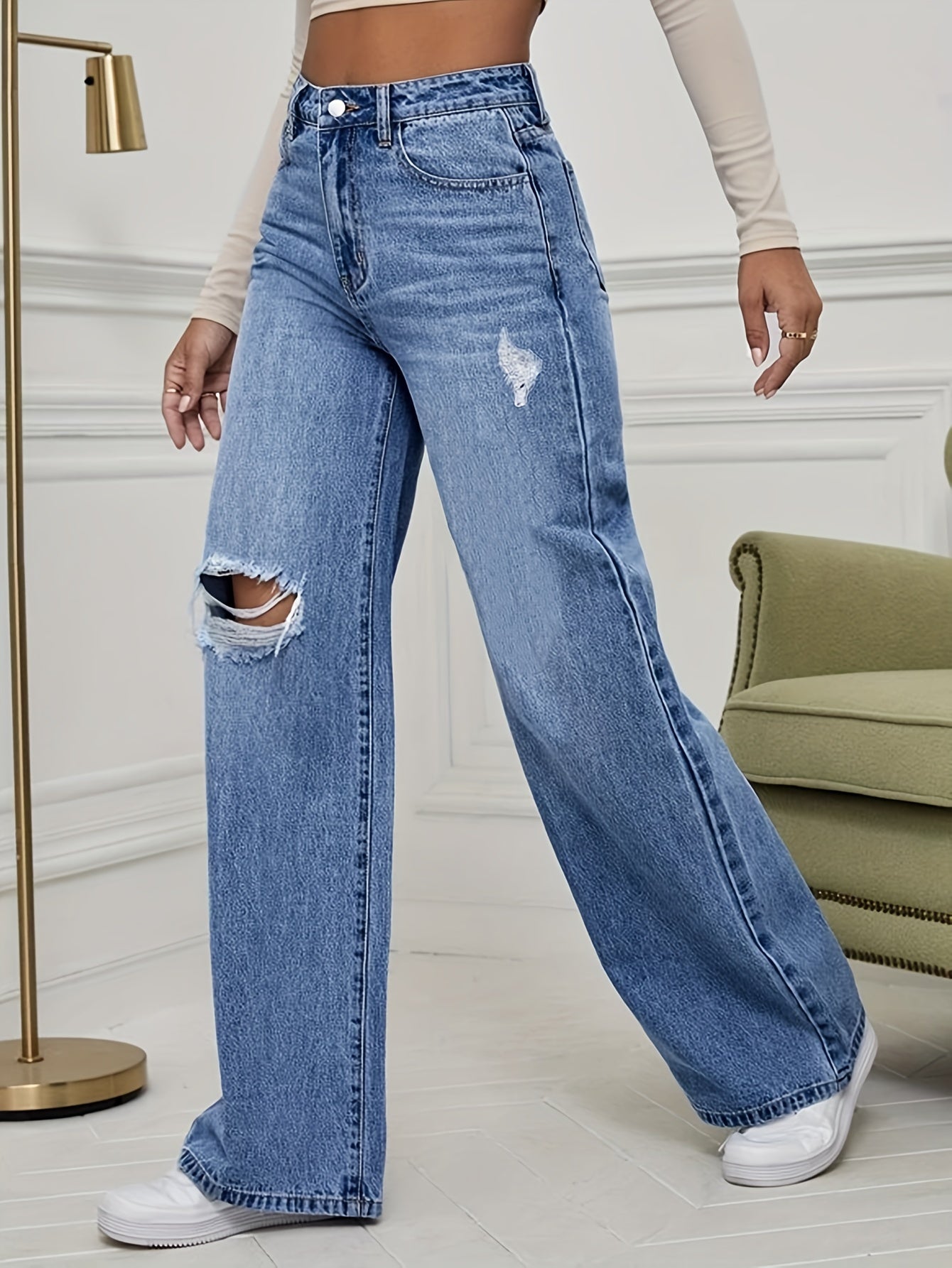 High-Waist Ripped Wide-Leg Bootcut Jeans