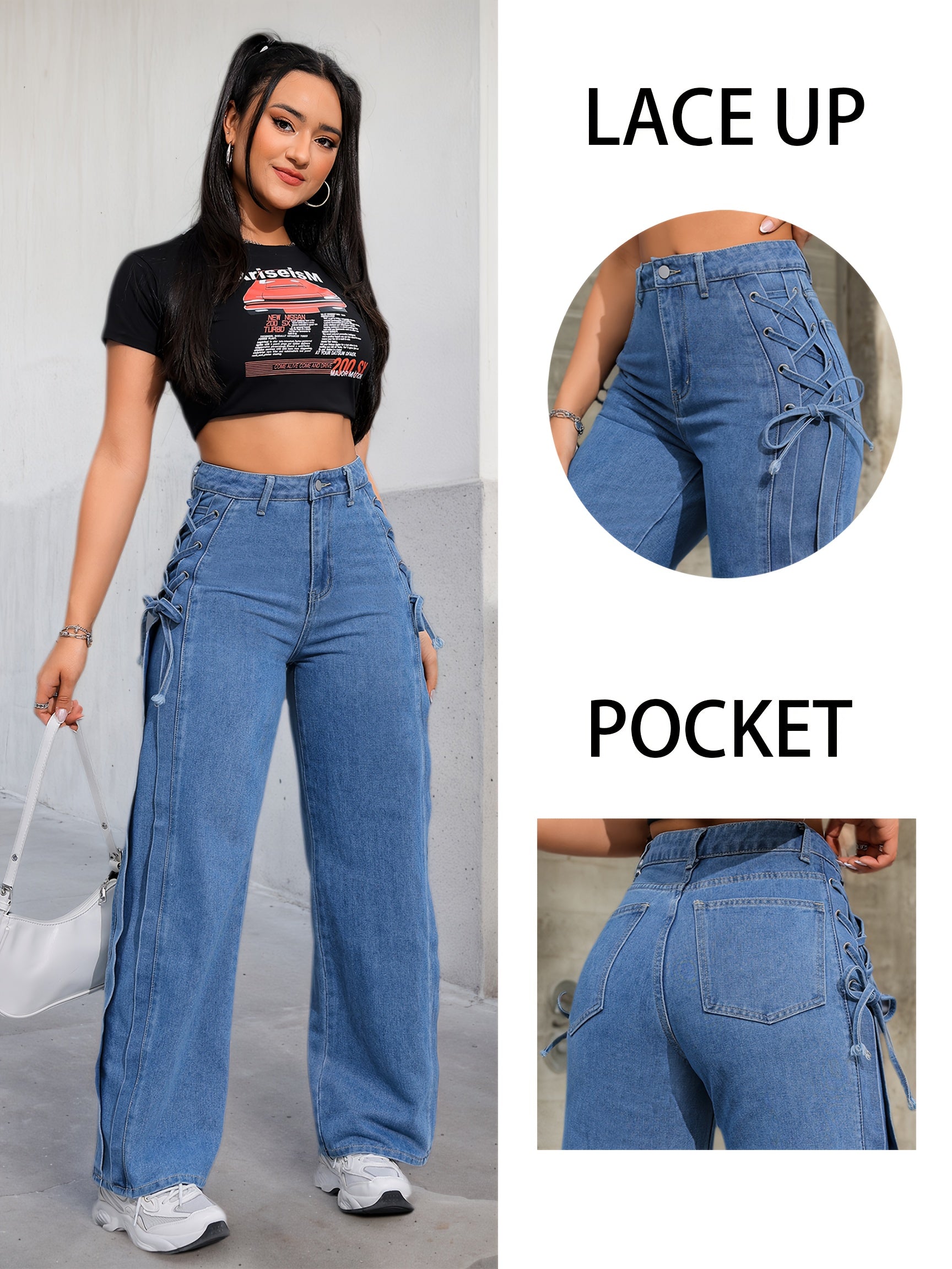 Wide-Leg Streetwear Pants with Lace-Up Tie - Oversized Rayon