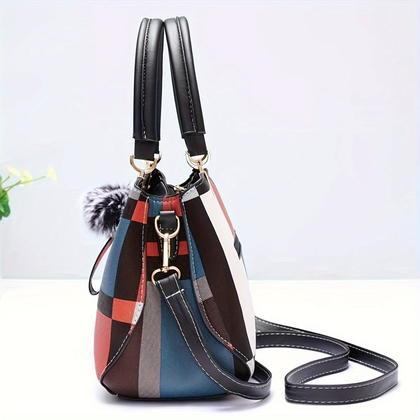 Small Plaid Handbag with Pom-Pom (Multi-Layer)