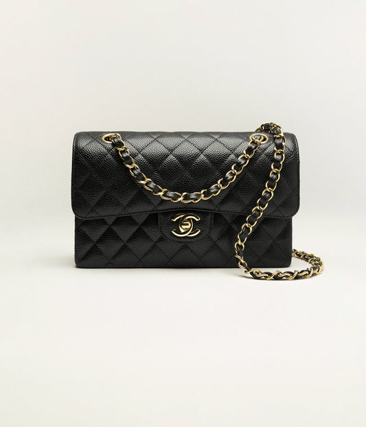 Small Classic Handbag Grained Calfskin & Gold-Tone Metal  Black