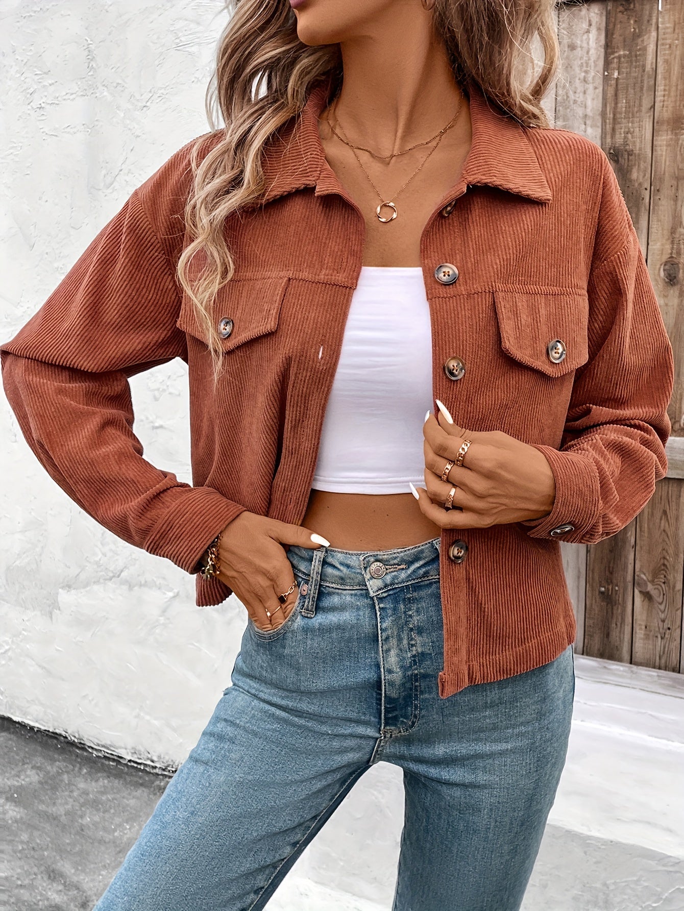 Chic Light Corduroy Button-Up Jacket with Ribbed Cuffs