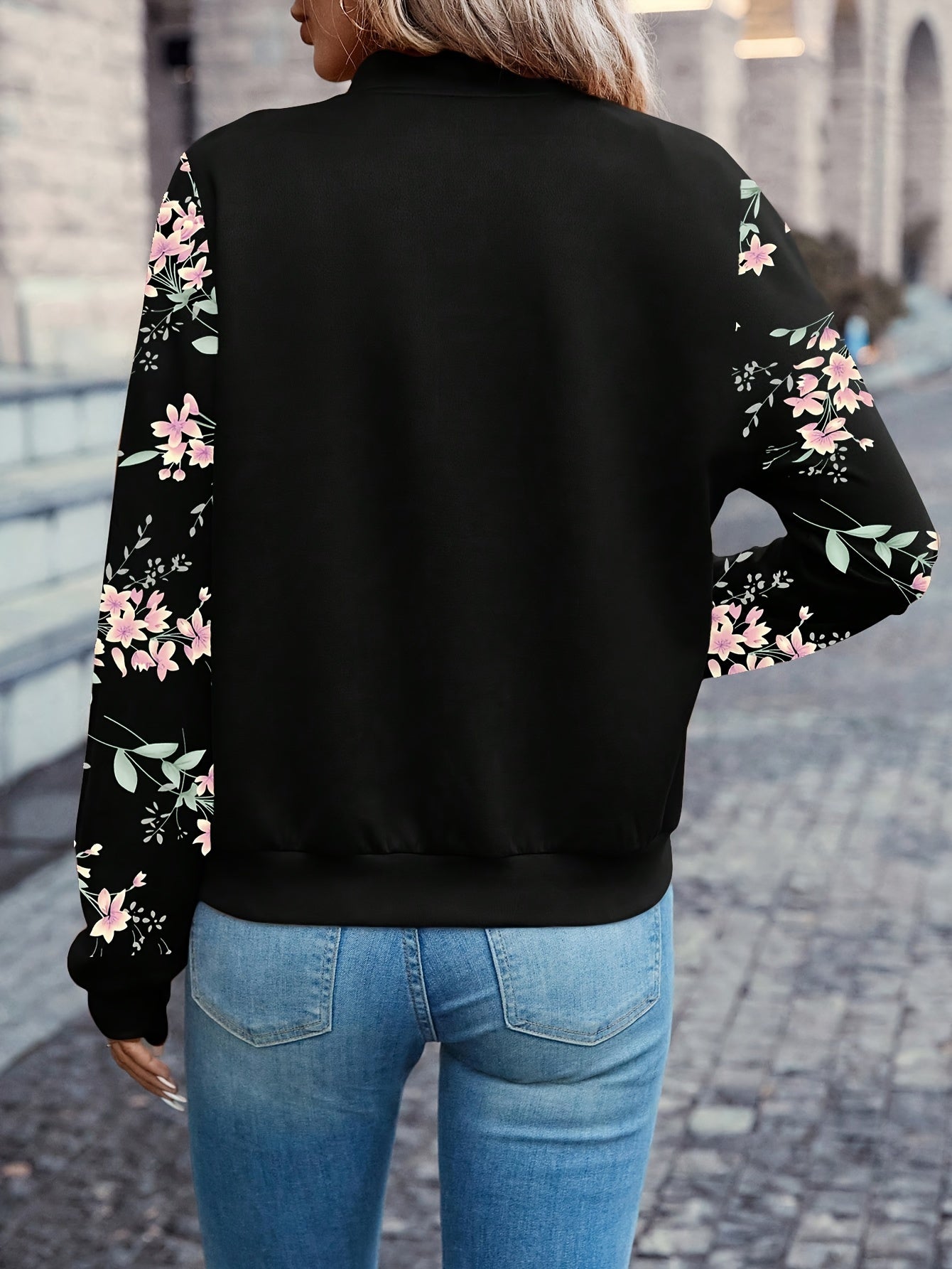 Elegant Floral Print Zip-Up Jacket | Baseball Collar