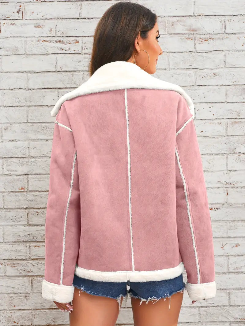 Soft Pink & White Lapel Jacket - Winter Coat