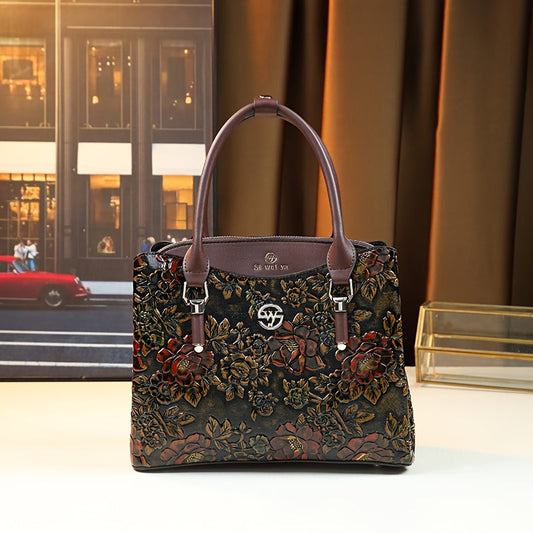 Vintage Floral Embossed Dark Brown Tote