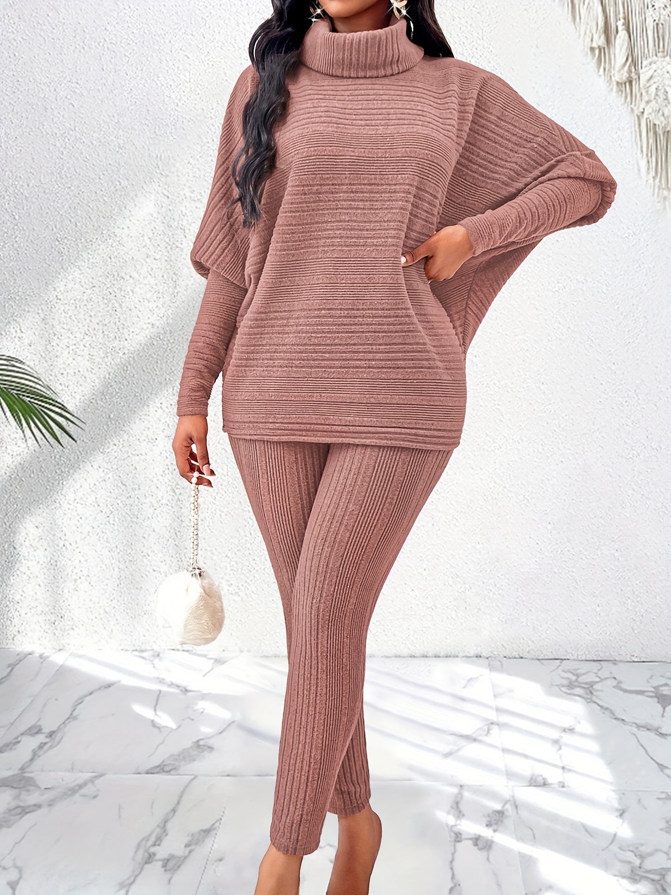 Elegant Solid Stand Collar Long Sleeve Knit Pants Set - Fall/Winter