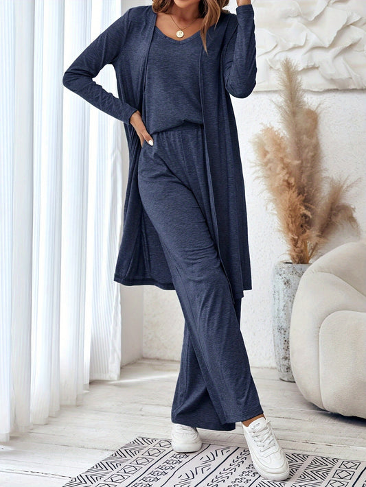 Solid Color Strap Top and Pants and Cardigan, Lightweight Cardigan