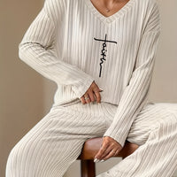 Letter Print Ribbed V-Neck Set