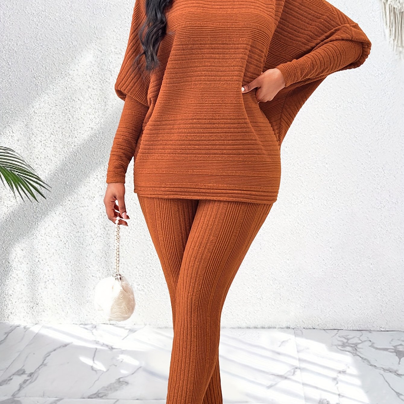 Elegant Solid Stand Collar Long Sleeve Knit Pants Set - Fall/Winter