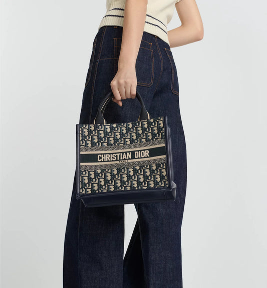 Small Book Tote Blue Oblique Embroidery & Calfskin