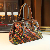 Leather Handbag - Versatile Plaid Tote