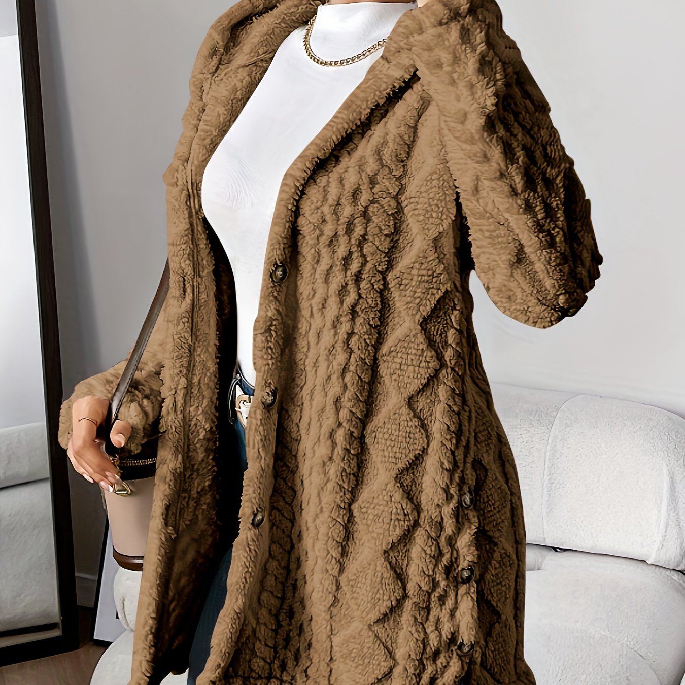 Warm Argyle Jacquard Plush Hooded Cardigan Coat