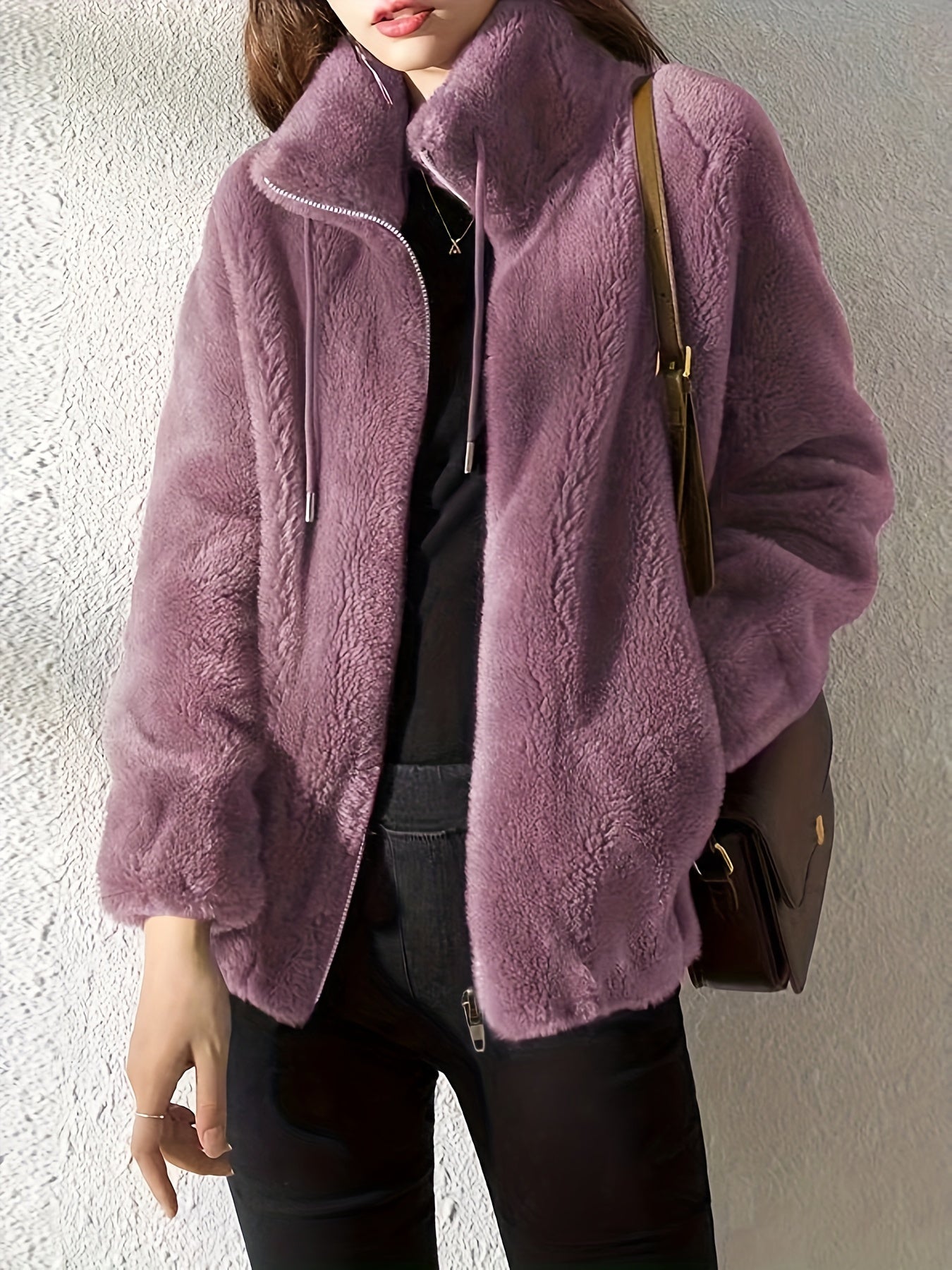 Solid Color Plush Zip-Up Knit Warm Casual Coat