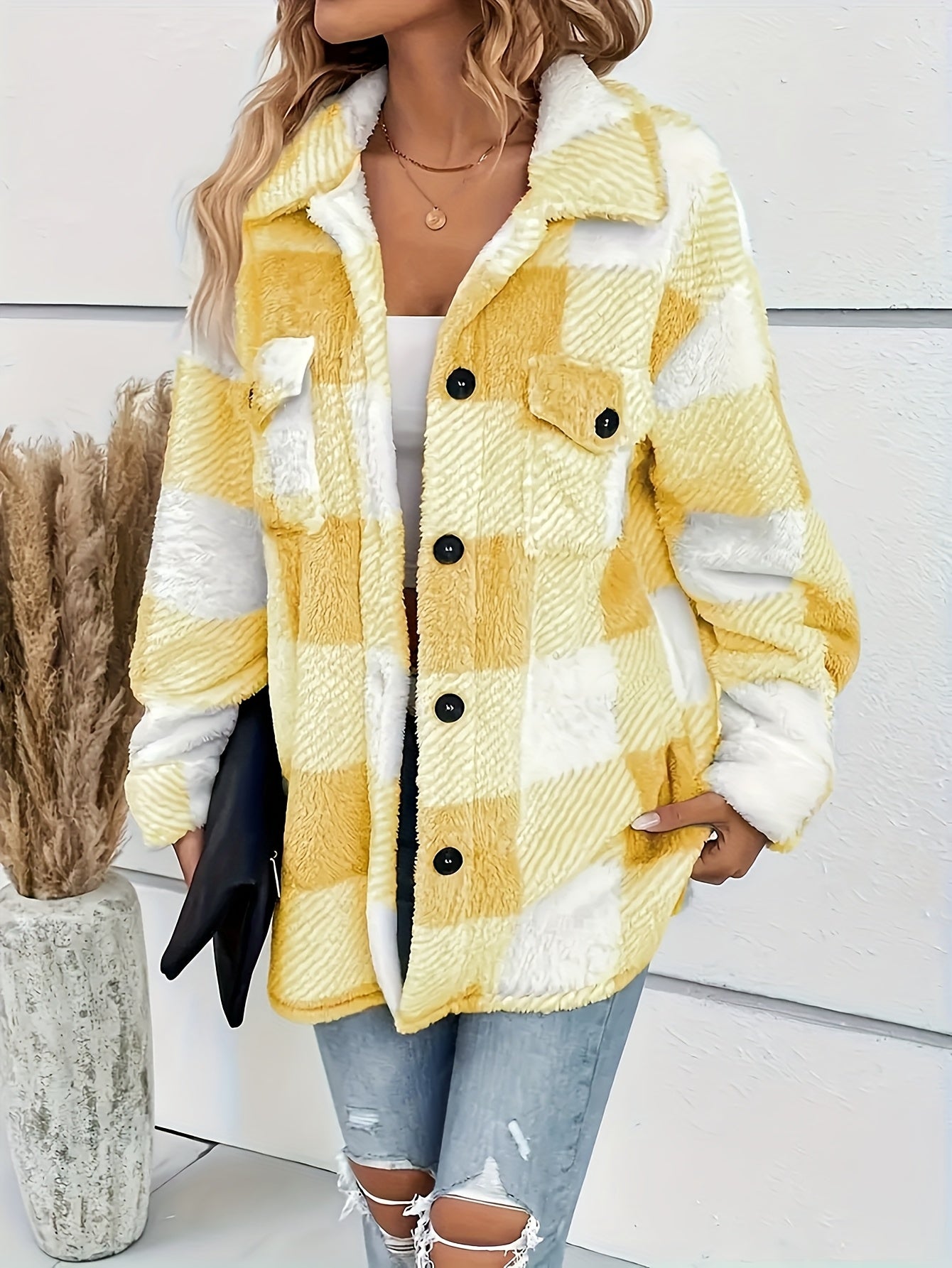 Plush Plaid Winter Coat - High Stretch