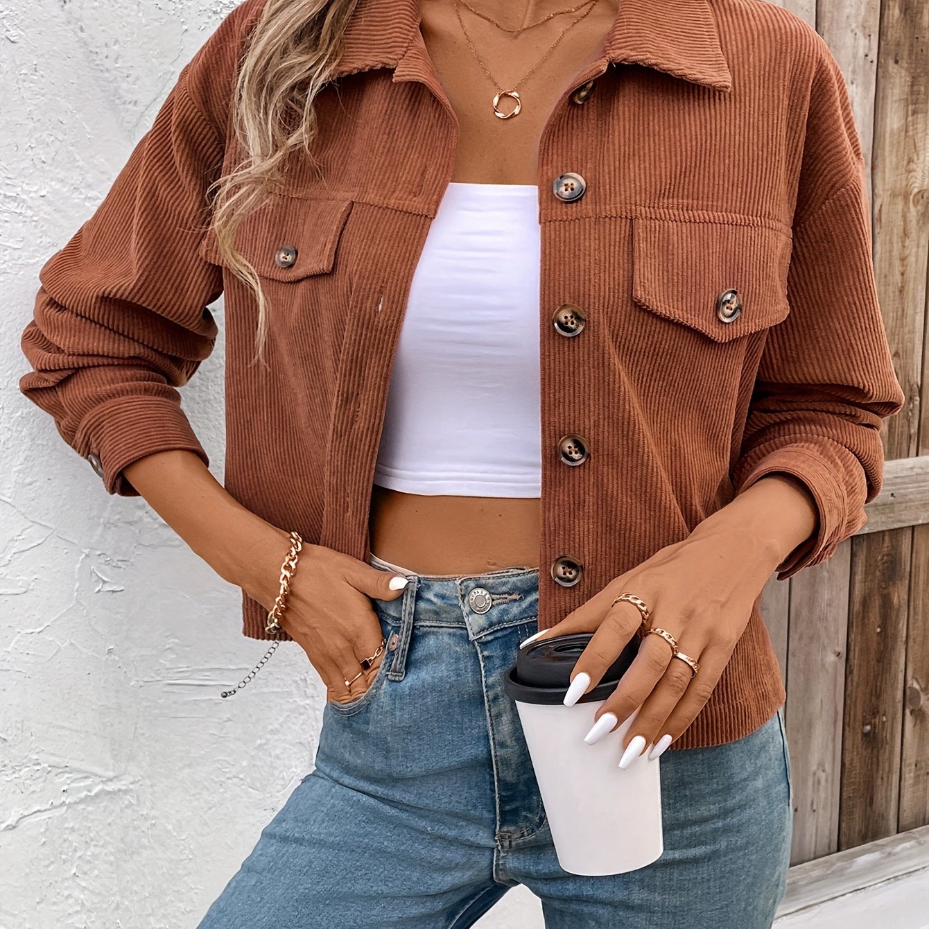 Chic Light Corduroy Button-Up Jacket with Ribbed Cuffs