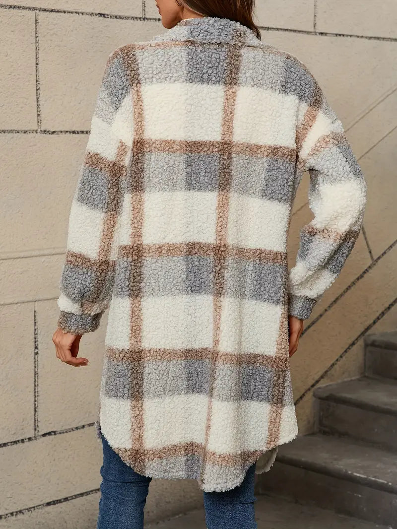 Fuzzy Plaid Button | Long Length Lapel Thermal Jacket