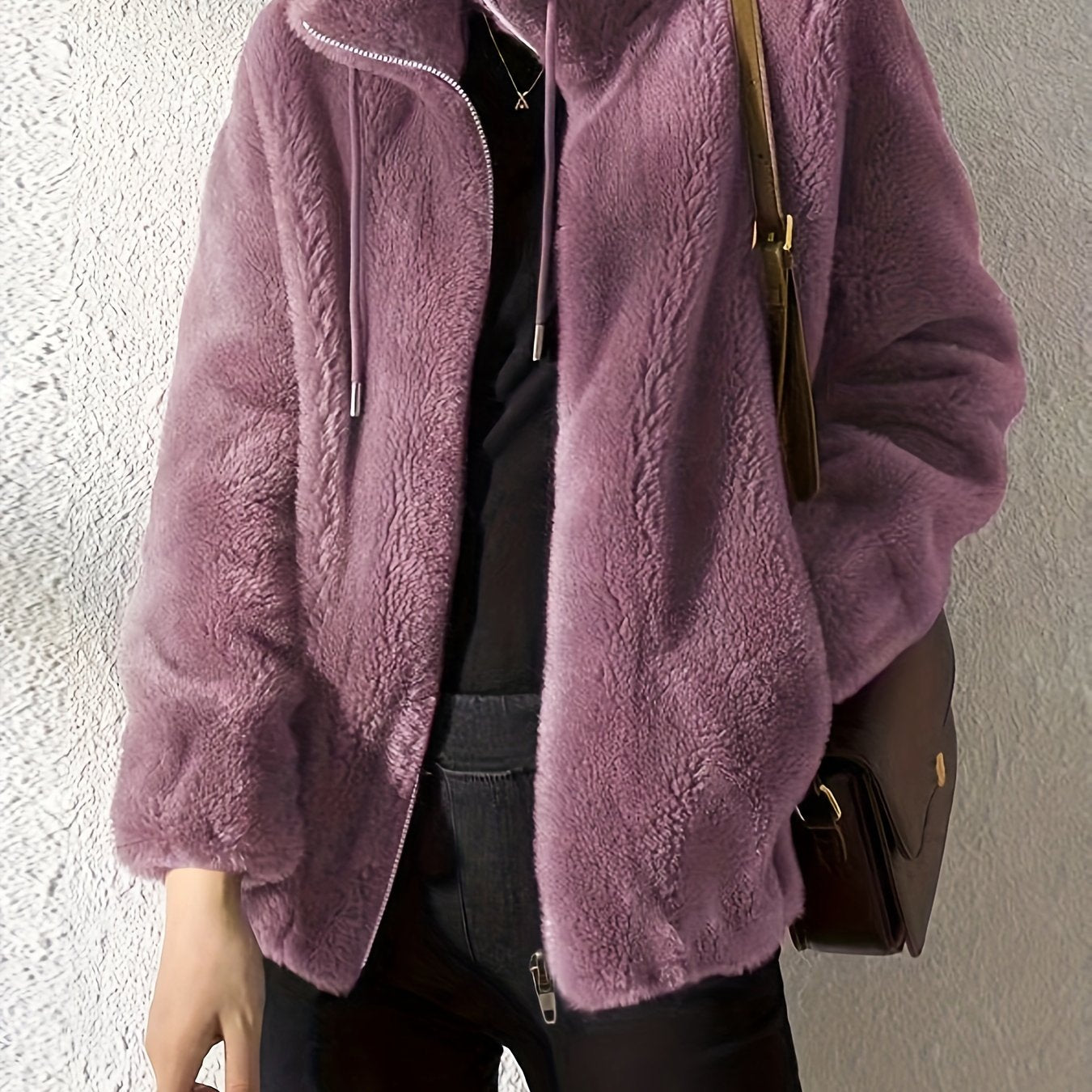 Solid Color Plush Zip-Up Knit Warm Casual Coat