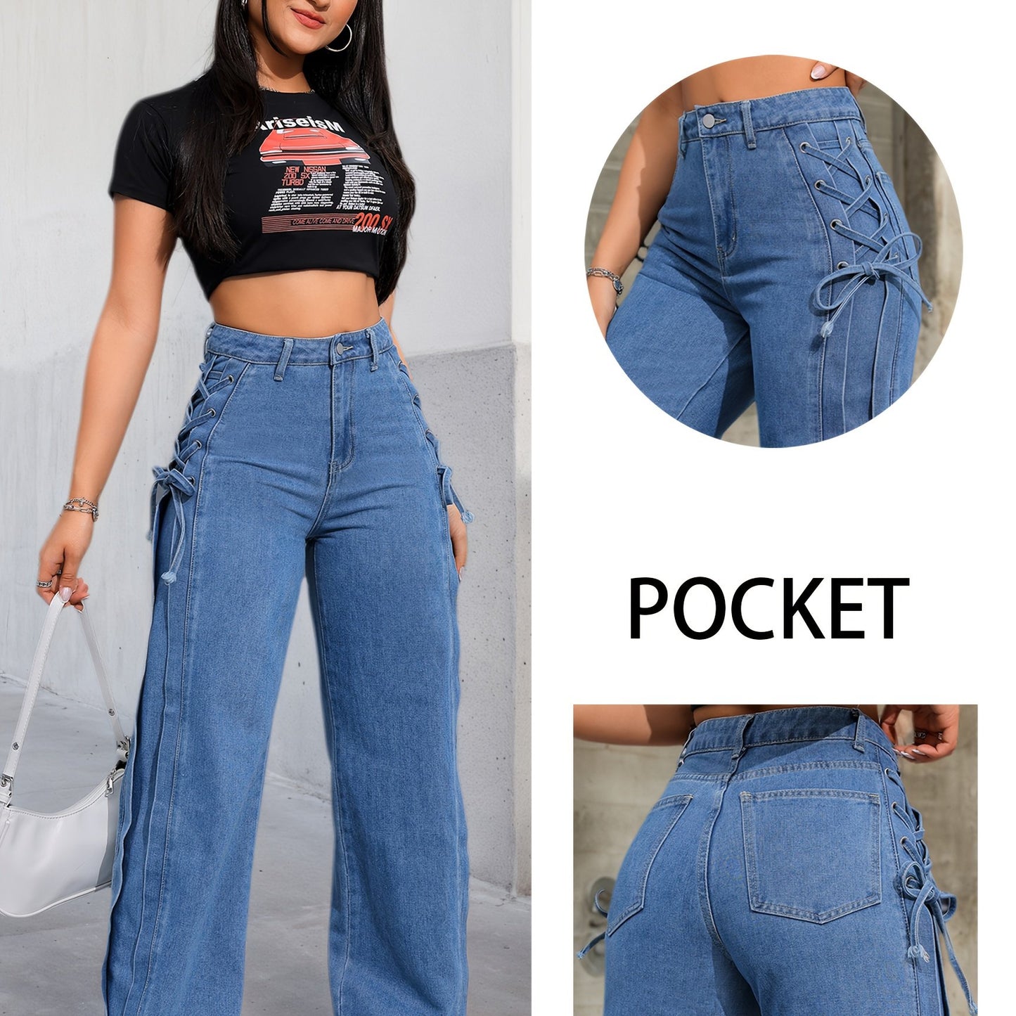 Wide-Leg Streetwear Pants with Lace-Up Tie - Oversized Rayon