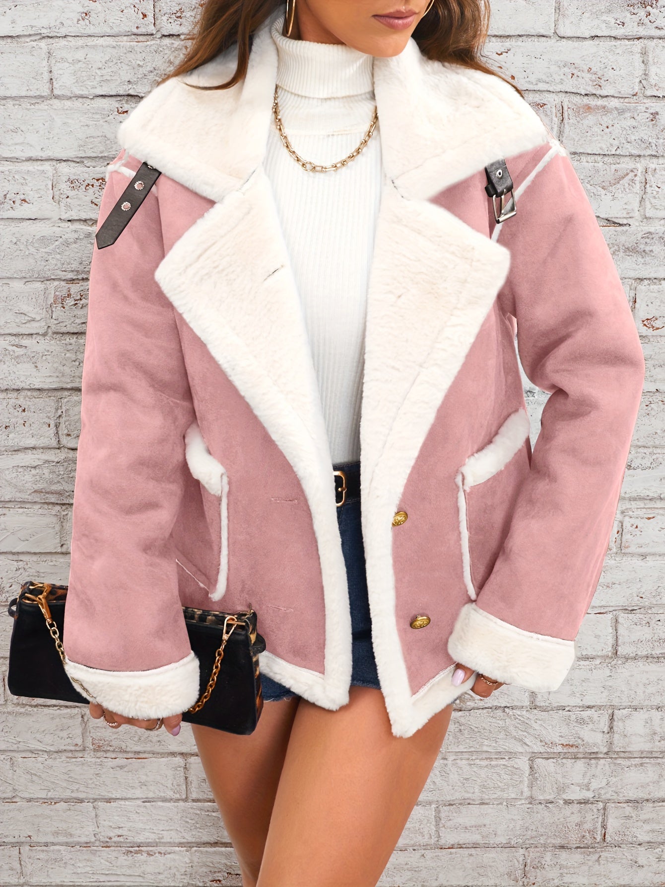 Soft Pink & White Lapel Jacket - Winter Coat