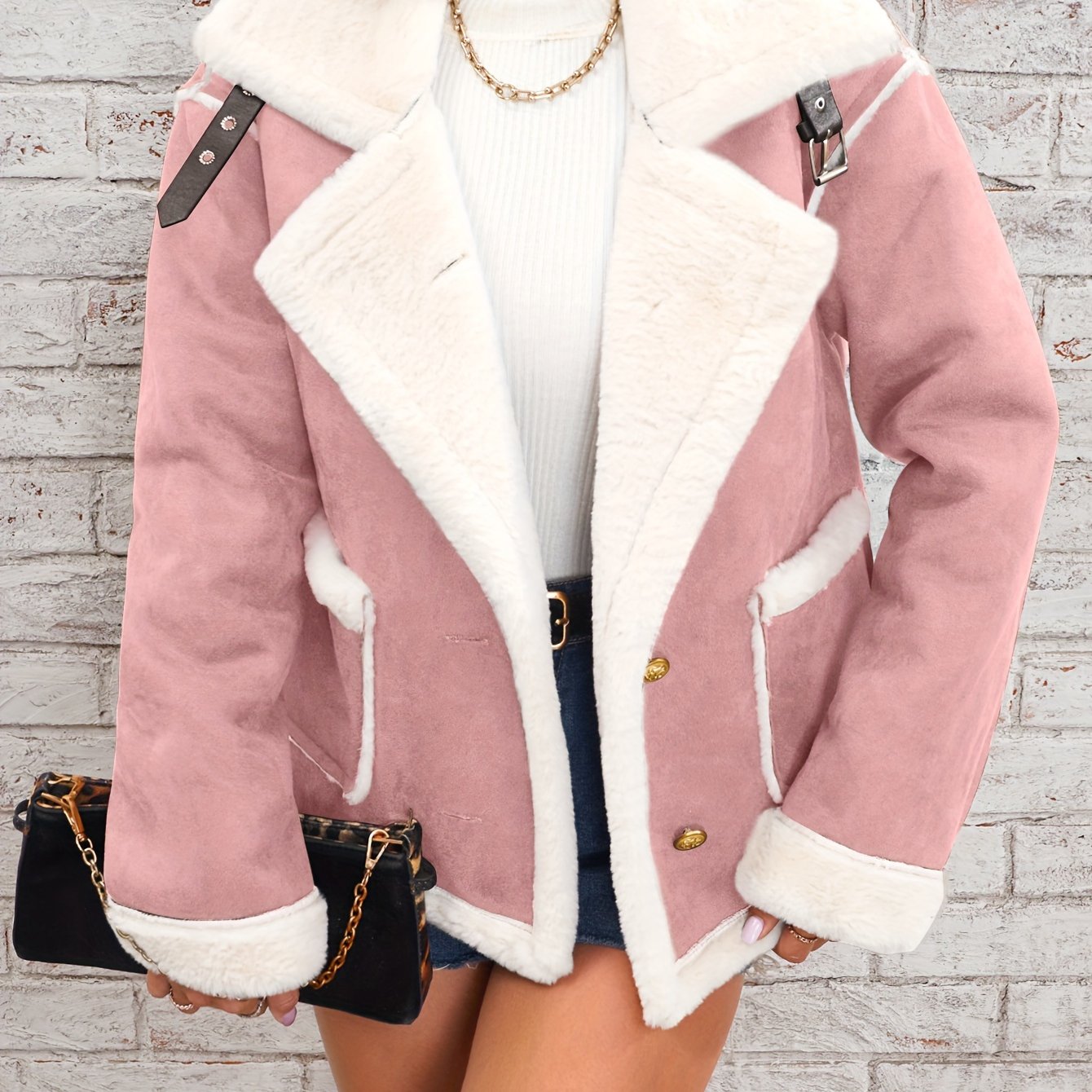 Soft Pink & White Lapel Jacket - Winter Coat