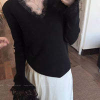 Slim V-Neck Lace Gauze Pullover