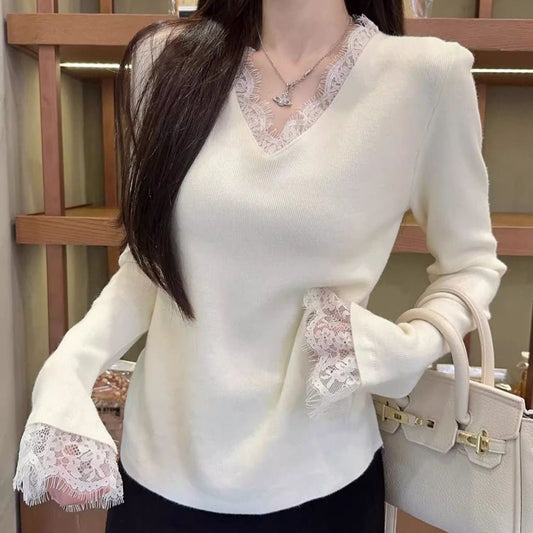 Slim V-Neck Lace Gauze Pullover