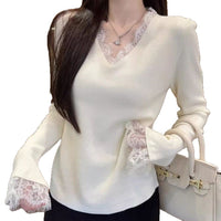 Slim V-Neck Lace Gauze Pullover