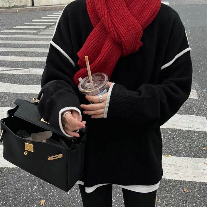 Loose Contrast Crew Neck Pullover (Retro)