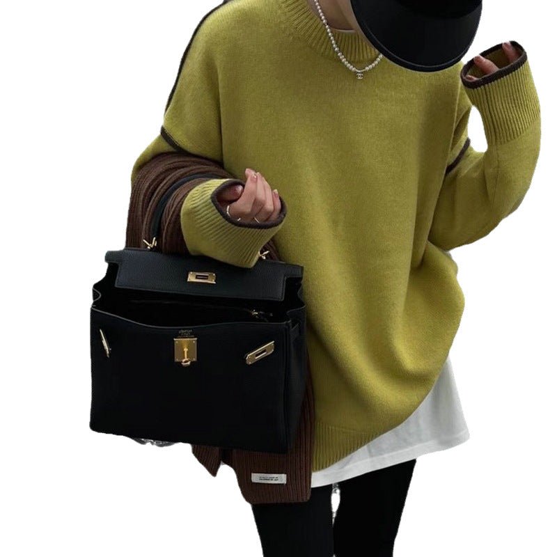 Loose Contrast Crew Neck Pullover (Retro)