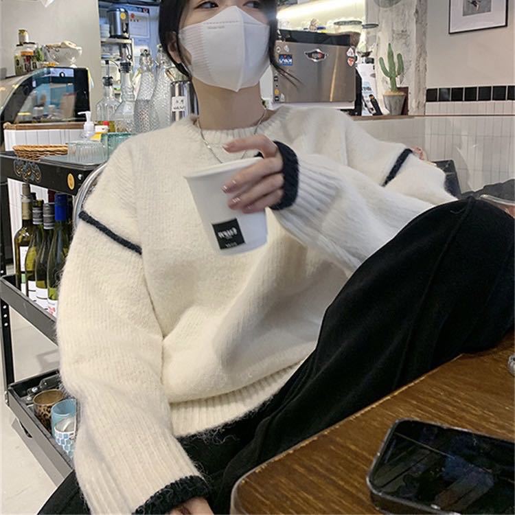 Loose Contrast Crew Neck Pullover (Retro)