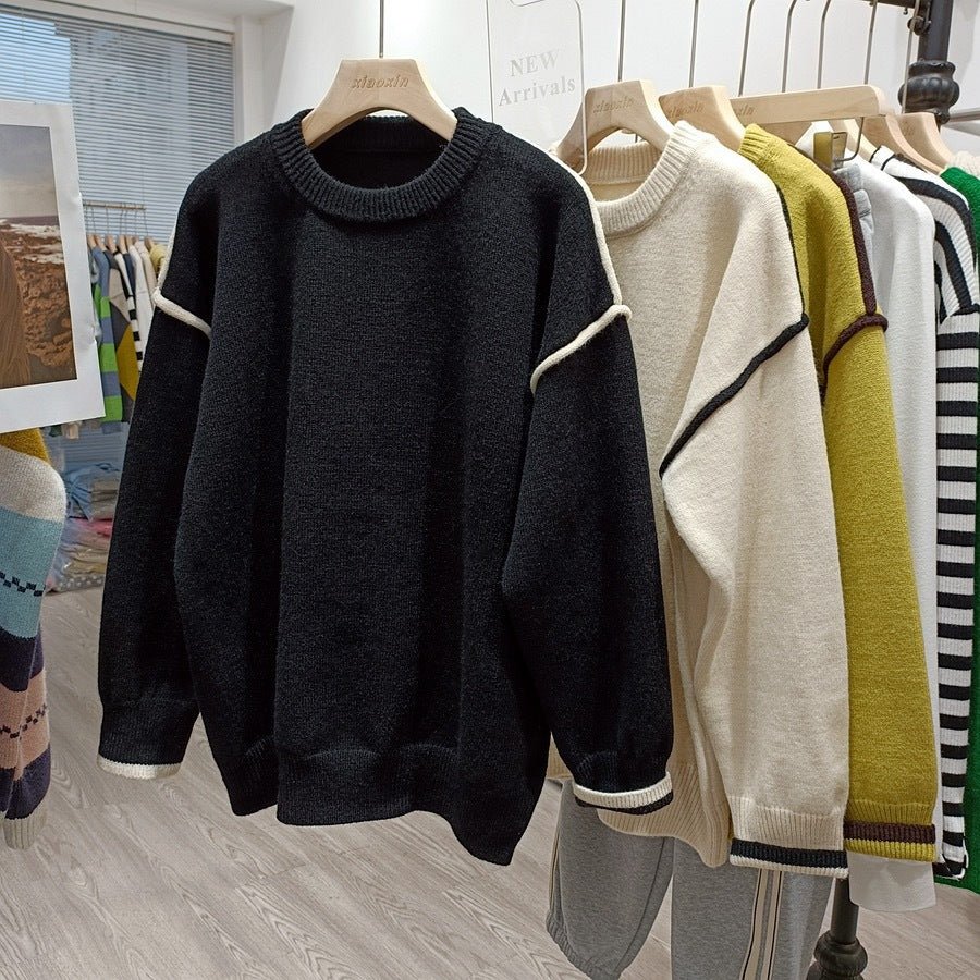 Loose Contrast Crew Neck Pullover (Retro)