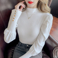 Slim Bubble Sleeve Semi-Turtleneck Pullover