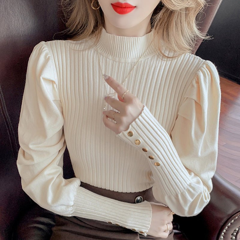 Slim Bubble Sleeve Semi-Turtleneck Pullover