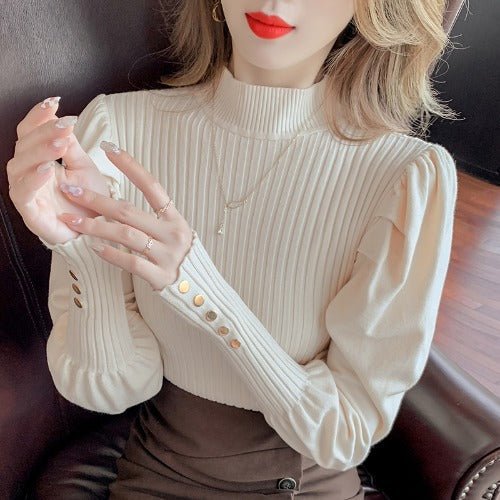 Slim Bubble Sleeve Semi-Turtleneck Pullover